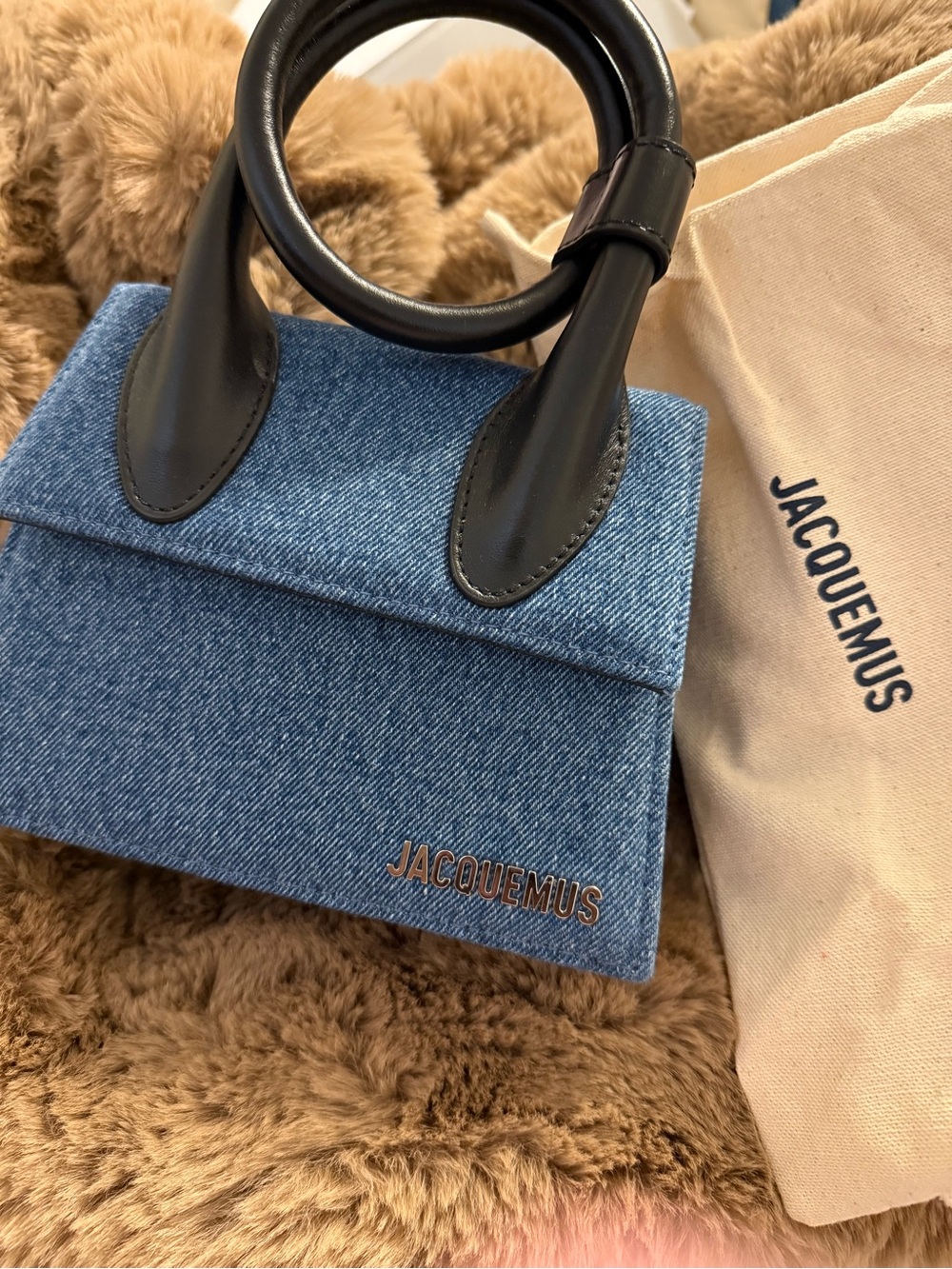 Jacquemus Denim Le Chiquito Mini Bag with Black Round Handles